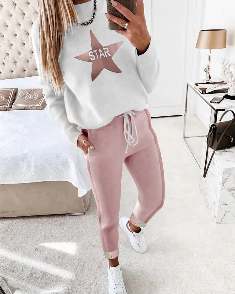 ✨ Chic Two-Piece Cotton Lounge Set – With Sequins, Pearls & Graphic Details