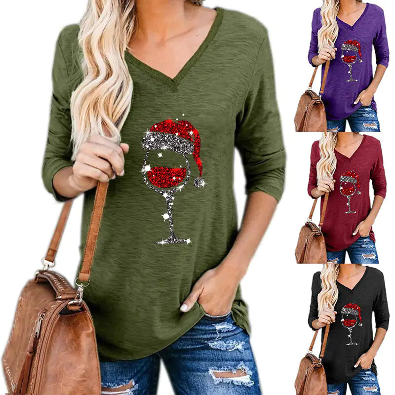 Christmas Wine Glass Graphic V-neck Tee – Holiday Long Sleeve Tee
