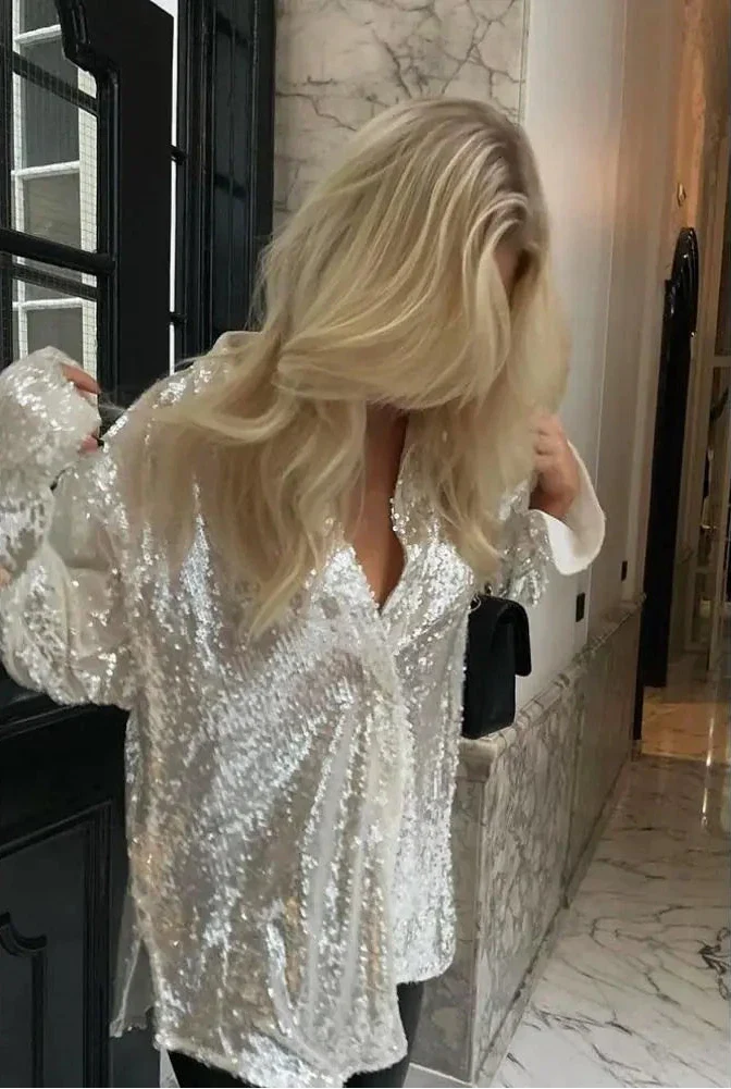 Shimmering White Sequin Blouse – Button-Up Party Shirt