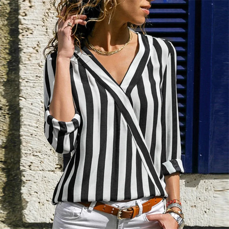 Vertical Stripe V-Neck Blouse for Women – Casual Chic Button Cuff Shirt