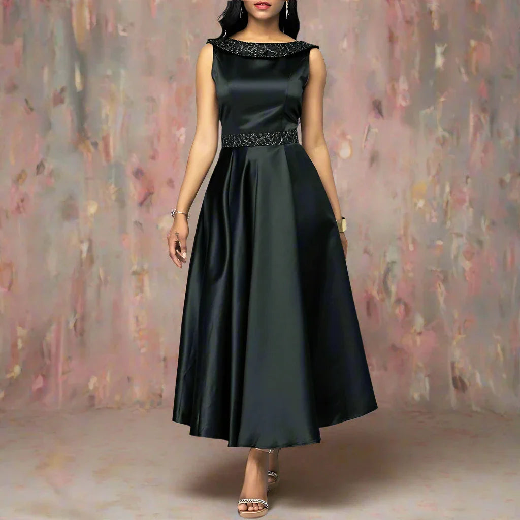 Elegant Vintage Satin Dress with Embroidered Collar and Waist – Sleeveless Evening Dress