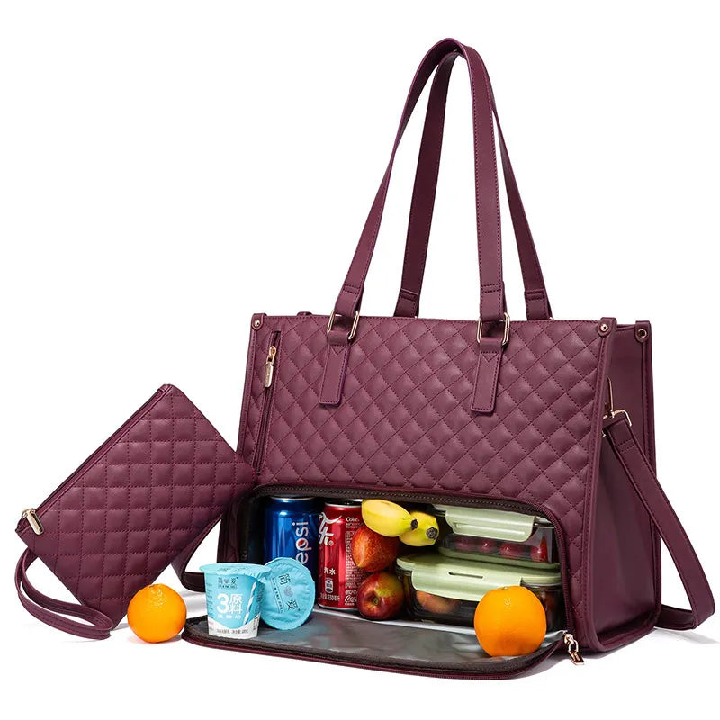 Quilted Insulated Tote Bag – Women’s Work Handbag with Built-In Lunch Cooler