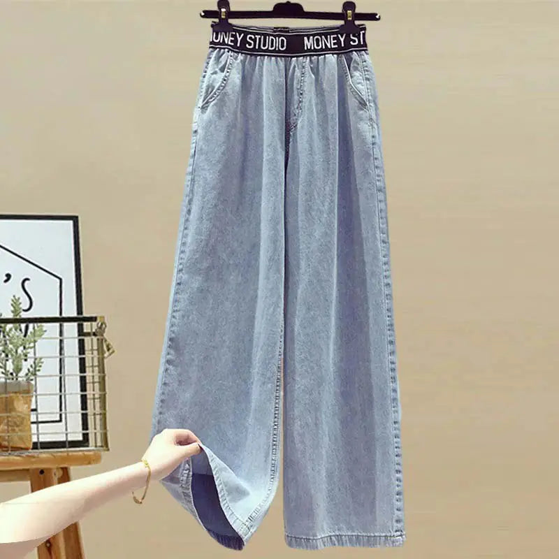 Chic 2-Piece Set – Denim-Look Wide Leg Pants + Colorblock Tie Shirt
