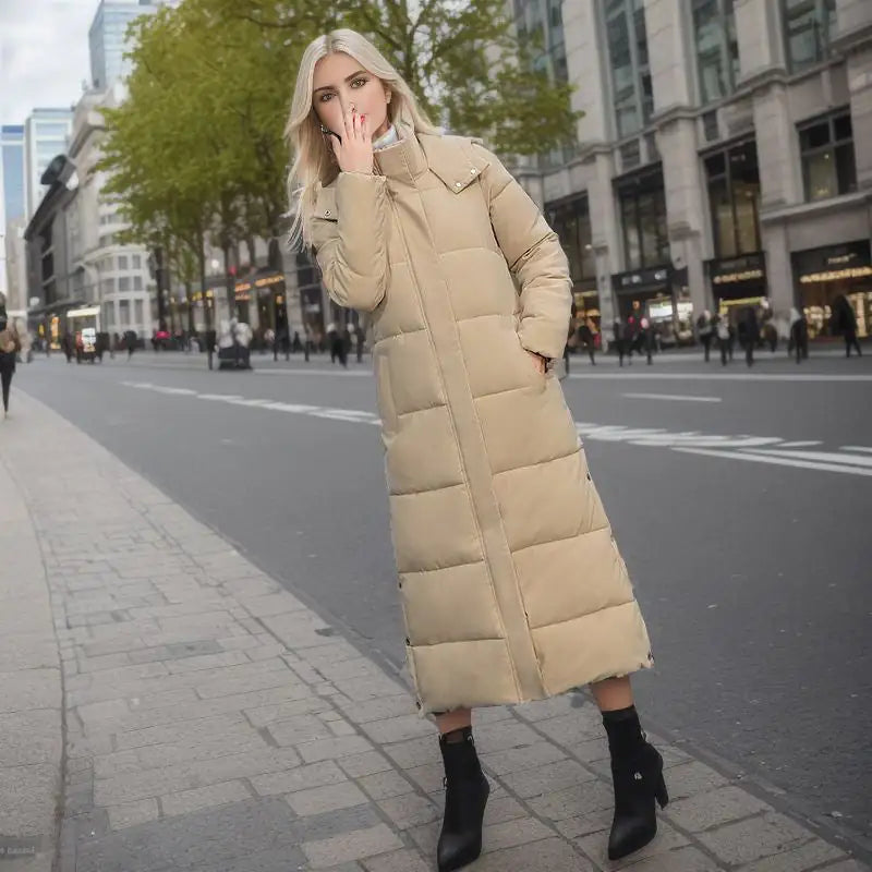 Long Puffer Coat for Women – Loose Fit Winter Jacket with Hood