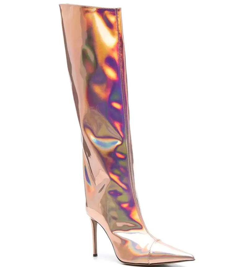 Holographic Patent-Leather Stiletto Knee Boots - Point-Toe Shine & Comfort