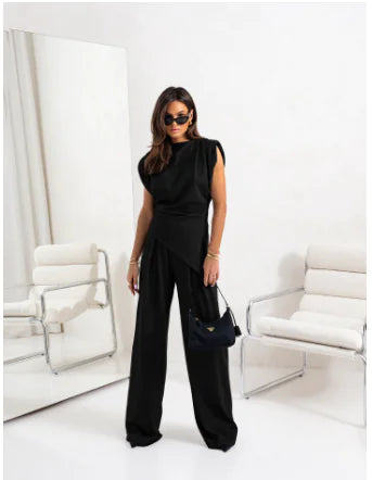 Elegant Women’s Two-Piece Pants Set – Irregular Draped Top & Wide-Leg Trousers