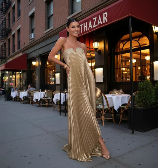 Strapless Pleated Gold Dress – Elegant Evening Look for Women