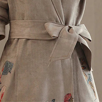 Floral Hem Suede Trench Coat – Elegant Long Wrap Coat for Women