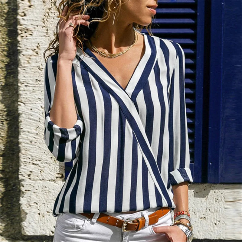 Vertical Stripe V-Neck Blouse for Women – Casual Chic Button Cuff Shirt