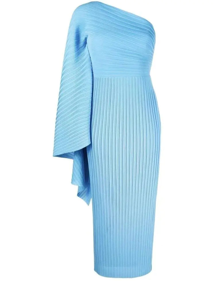 Asymmetrical Pleated Bodycon Dress – One-Shoulder Midi Dress
