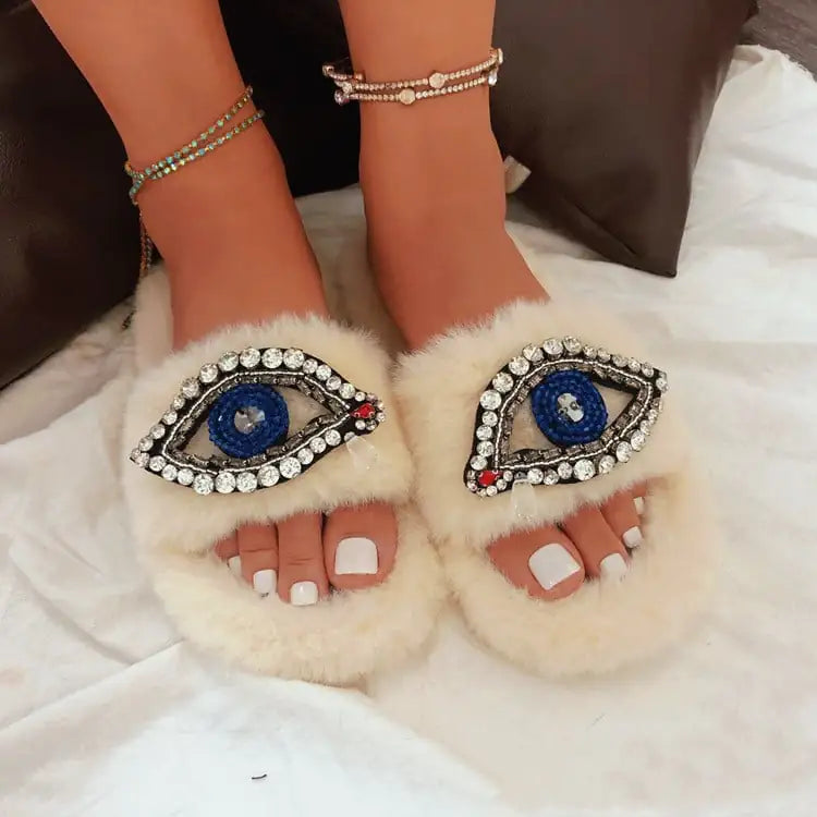 Chiara Eye Faux Fur Velvet Slippers