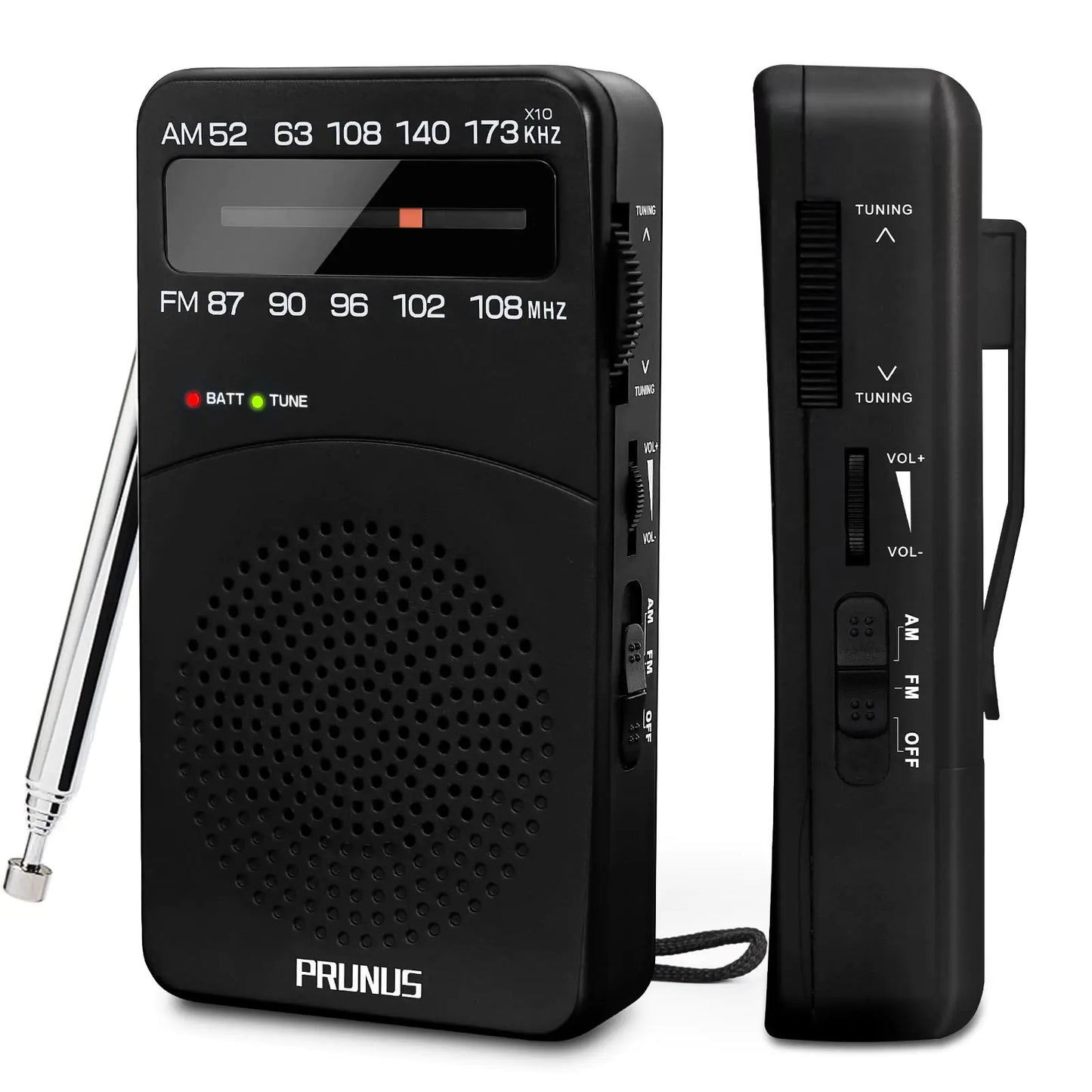 【2024 Update】PRUNUS J-166 Portable Radio AM FM Battery Operated Radio with Tuning Light Back Clip Excellent Reception for Indoor & Outdoor & Emergency Radio AM FM Radio Portable transistor radio