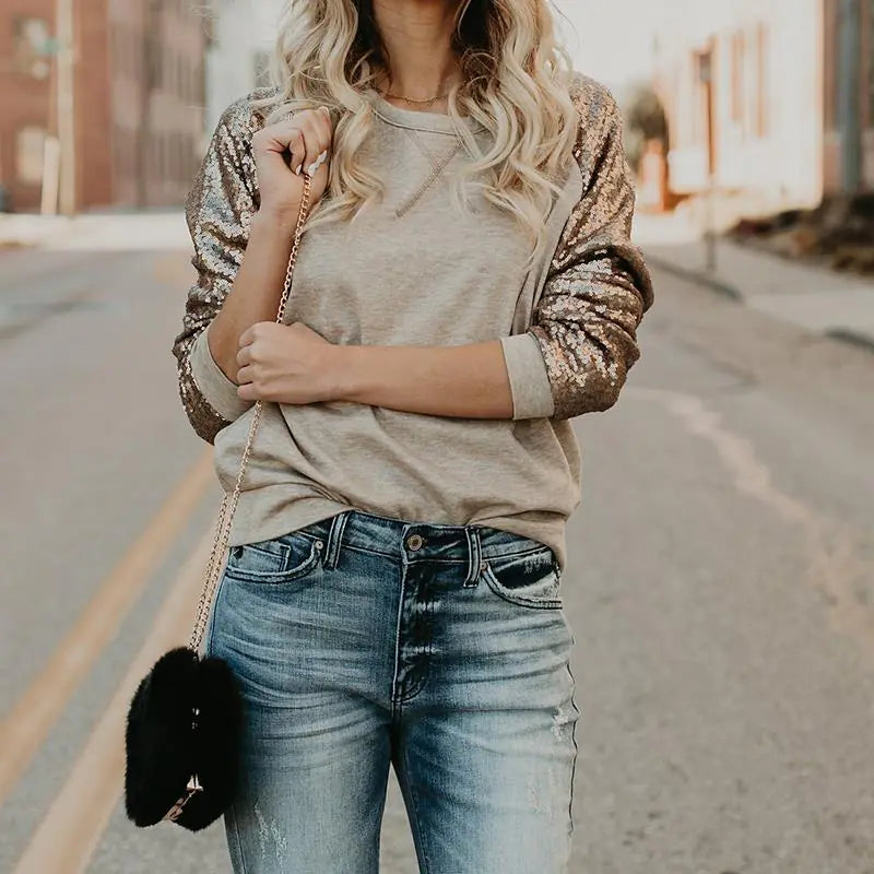 Sequin Patchwork Long Sleeve Casual Shirt