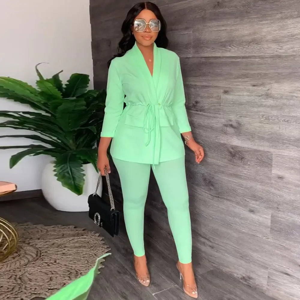 V-Neck Lace-up Shirt Tight Pants Set