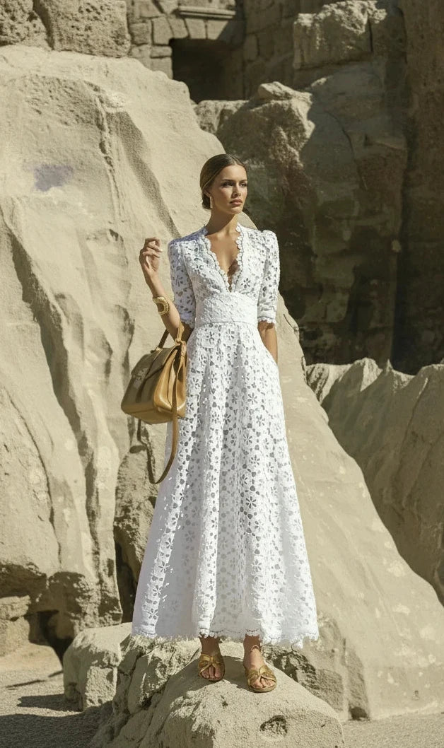 Elegant White Lace Midi Dress – Floral Cut-Out Detailing