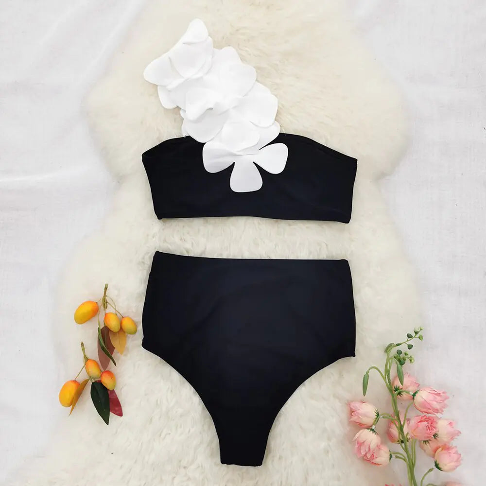 Black Floral Asymmetrical Bikini – High-Waist with 3D Flower Strap