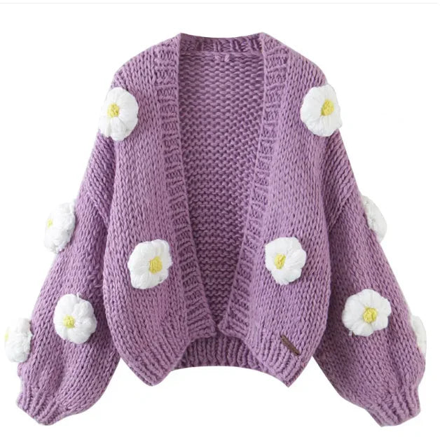Handmade Chunky Knit 3D Flower Cardigan – Cozy Statement Sweater