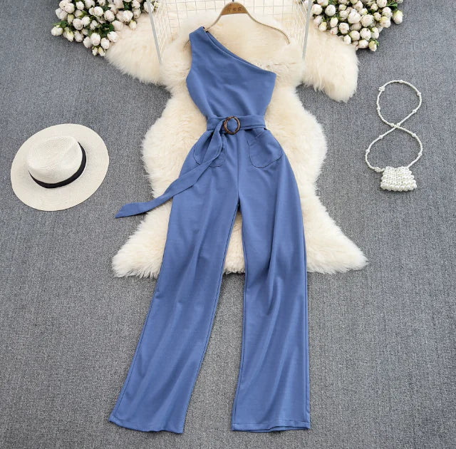 One-Shoulder SlimFit Jumpsuit – High-Waist Asymmetrical Style