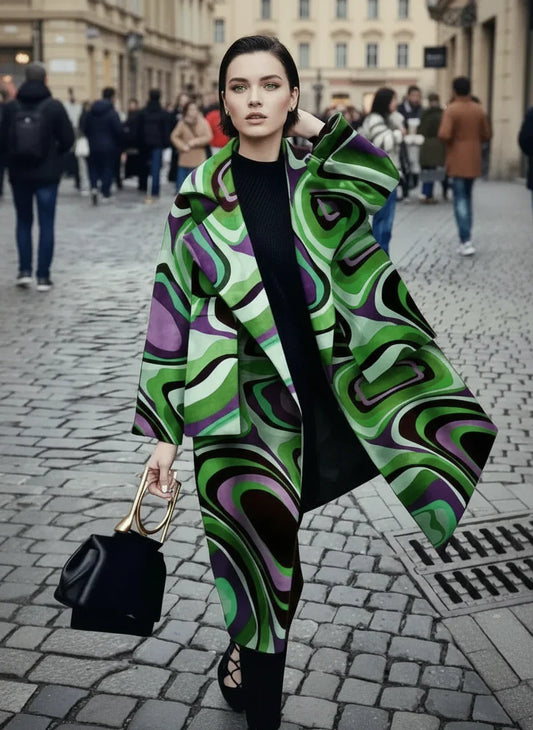 Retro Swirl Print Oversized Long Coat – Women’s Statement Street Style