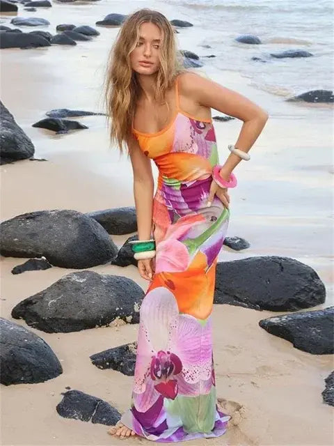 Floral Spaghetti Strap Maxi Dress – Slim Fit Summer Dress
