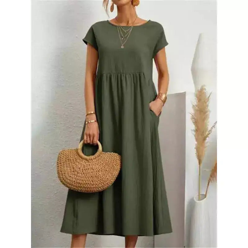 Women’s Long Linen Summer Dress with Pockets – Casual Loose Fit Midi Dress
