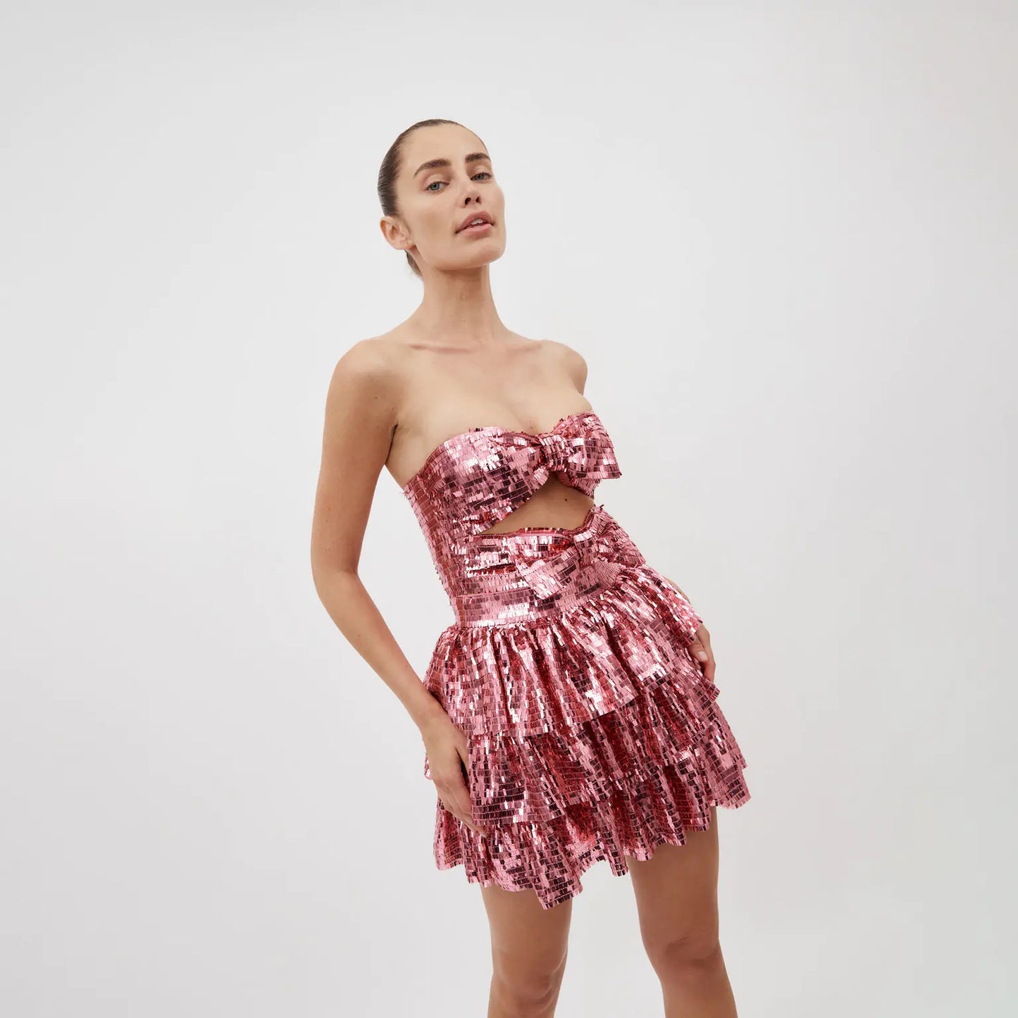 Sparkling Pink Sequin Strapless Mini Dress with Front Bows – Party & Clubwear