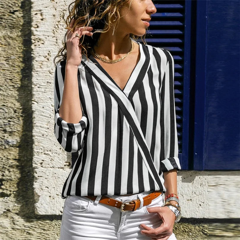 Vertical Stripe V-Neck Blouse for Women – Casual Chic Button Cuff Shirt