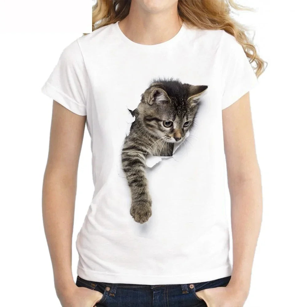 Cute 3D Cat Print T-Shirt – Women’s Short Sleeve Funny Graphic Tee