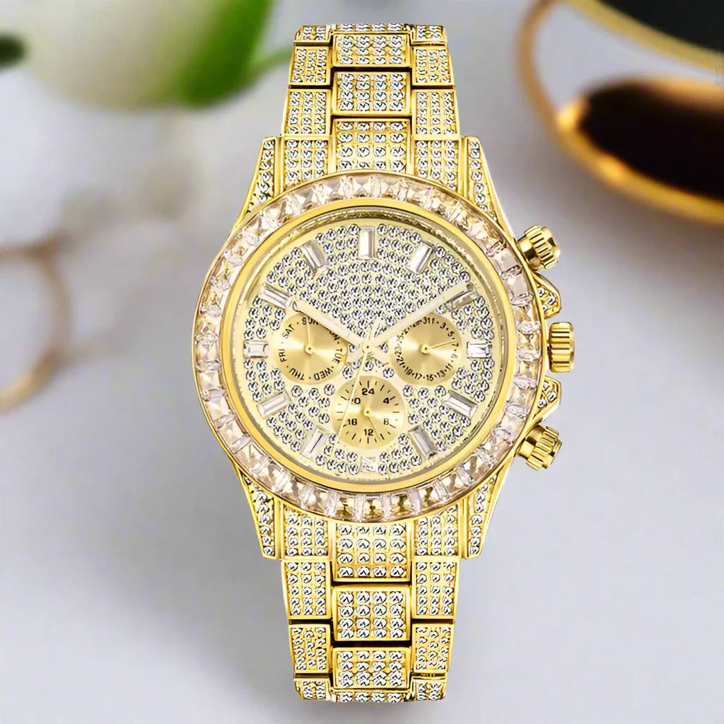 Luxury Iced Out Watch with Rainbow Bezel – Men’s Stainless Steel Timepiece