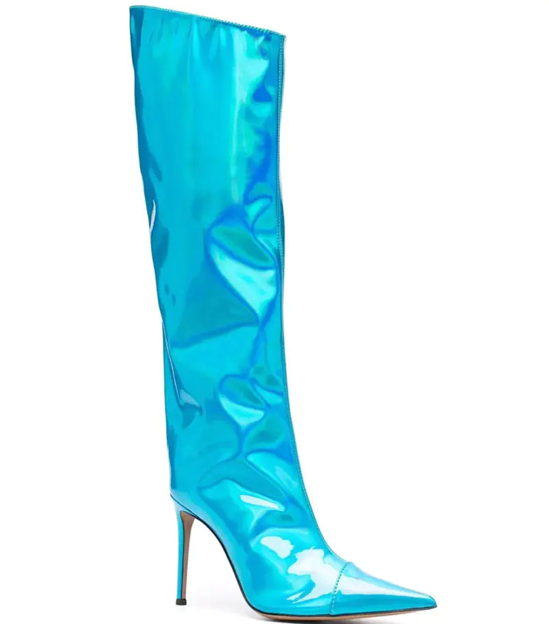 Holographic Patent-Leather Stiletto Knee Boots - Point-Toe Shine & Comfort